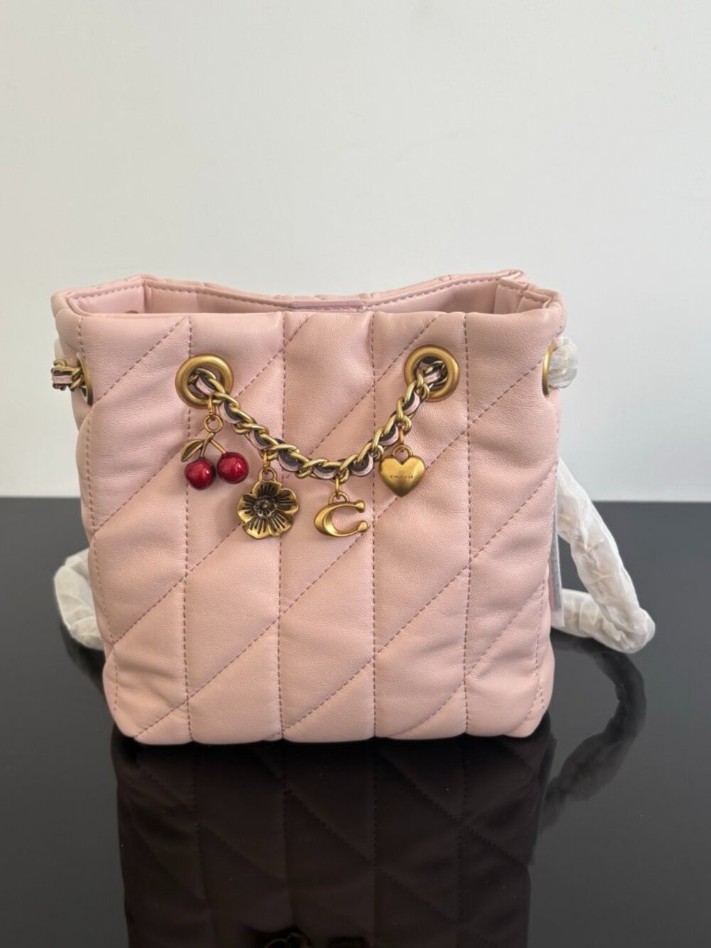 🍒Coach Pink Quilted Mini Bucket Bag Cherry Flower Charm Crossbody